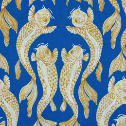 Tissu bleu roi carpes jaune ocre