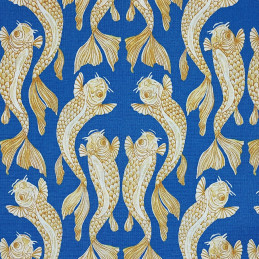 Tissu bleu roi carpes jaune ocre