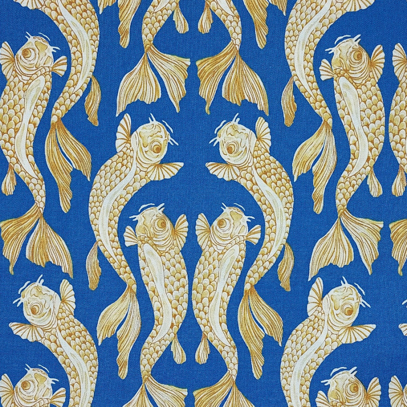 Tissu bleu roi carpes jaune ocre