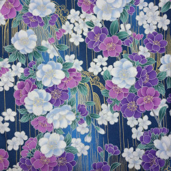 Marine blue Japanese fabric with purple, fuchsia, white and gold cherry blossom patterns