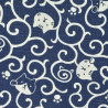 Dark blue Japanese fabric with cats and arabesque patterns