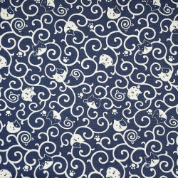 Dark blue Japanese fabric with cats and arabesque patterns