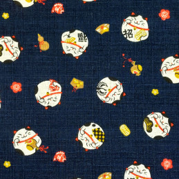 Tissu bleu nuit manekineko en coton dobby