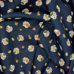 Tissu bleu nuit manekineko en coton dobby