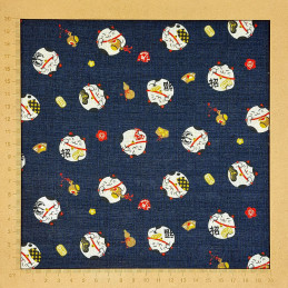 Dark blue Japanese fabric with cute manekineko patterns
