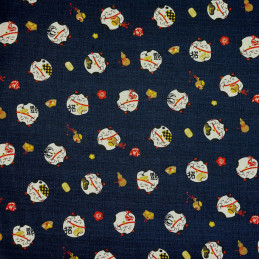 Tissu bleu nuit manekineko en coton dobby