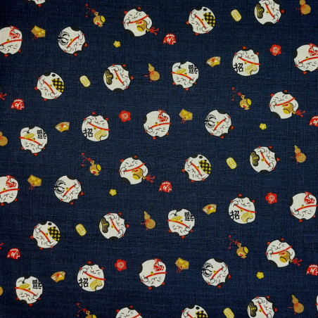 Tissu bleu nuit manekineko en coton dobby