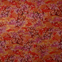 Tissu rouge, rose et doré cerisiers import Japon