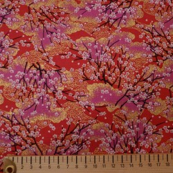 Tissu rouge, rose et doré cerisiers
