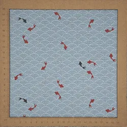 Tissu japonais bleu ciel vagues et carpes en coton texturé
