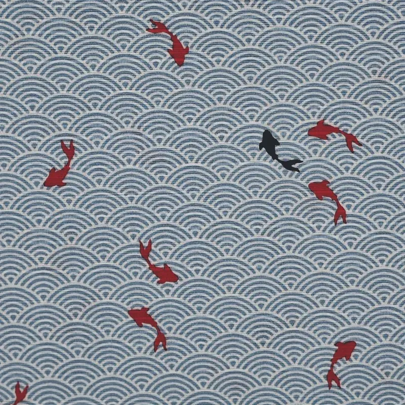 Tissu japonais bleu ciel vagues et carpes en coton texturé