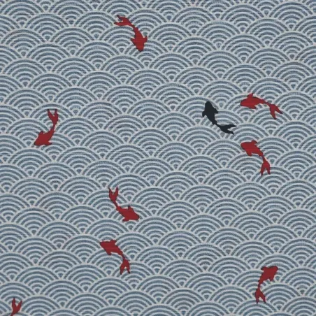 Tissu japonais bleu ciel vagues et carpes en coton texturé