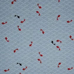 Tissu japonais bleu ciel vagues et carpes en coton texturé