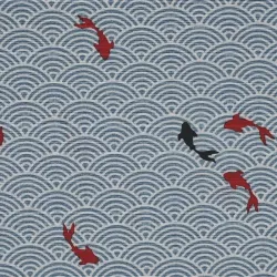 Tissu japonais bleu ciel vagues et carpes en coton texturé