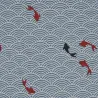 Tissu japonais bleu ciel vagues et carpes en coton texturé