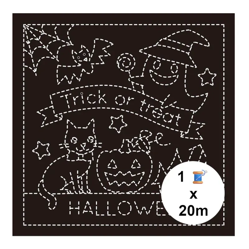 Black sashiko fabric panel Halloween - 33x33 cm cotton